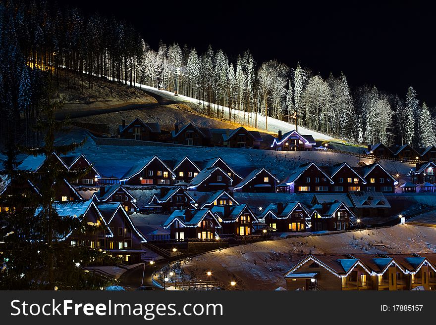 Winter Snow Covered Houses In The Mountains.