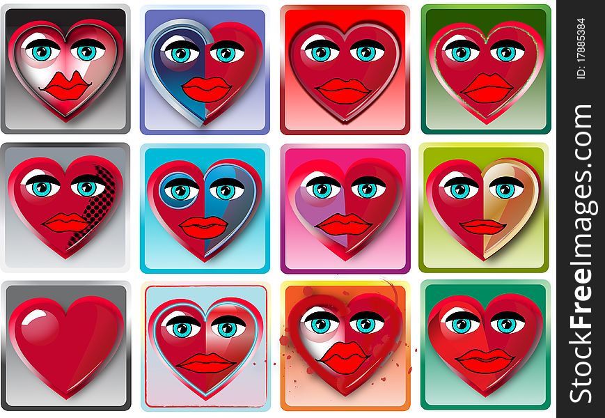 Stylized images of hearts with various forms of facial. Stylized images of hearts with various forms of facial