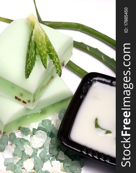 Aloe vera leaves, handmade soap, moisturizer and bath salt. Aloe vera leaves, handmade soap, moisturizer and bath salt