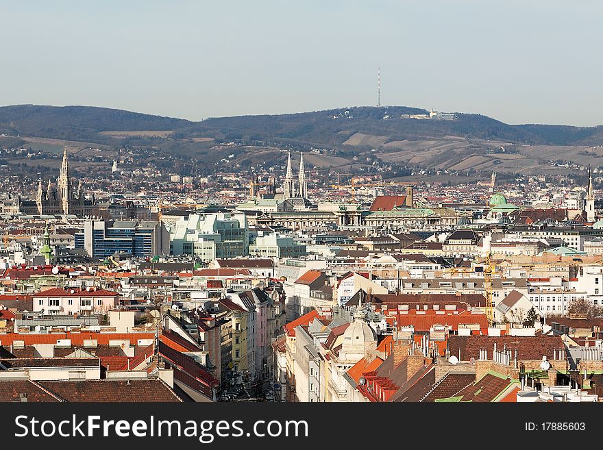 Vienna, panorama view of town and mountain in background