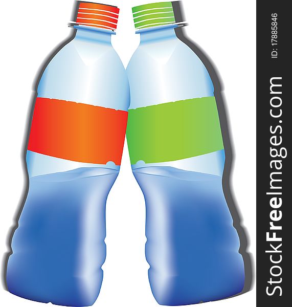 Two multi-colored bottles with water. Two multi-colored bottles with water