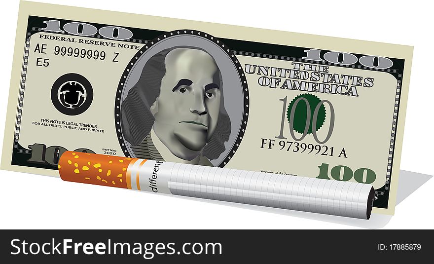 Realistic hundred-dollar bills and cigarettes. Realistic hundred-dollar bills and cigarettes