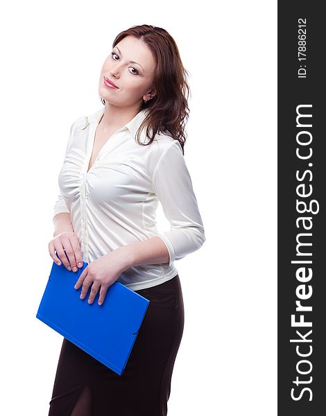 Beautiful business woman in a white blouse and skirt with a blue folder in his hands is isolated on a white