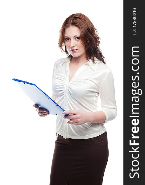 Woman in a business suit with a blue folder, isolated on white. Woman in a business suit with a blue folder, isolated on white