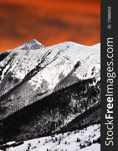 Winter landscape of Mala Fatra, Slovakia. On the top is Velky Rozsutec 1610m