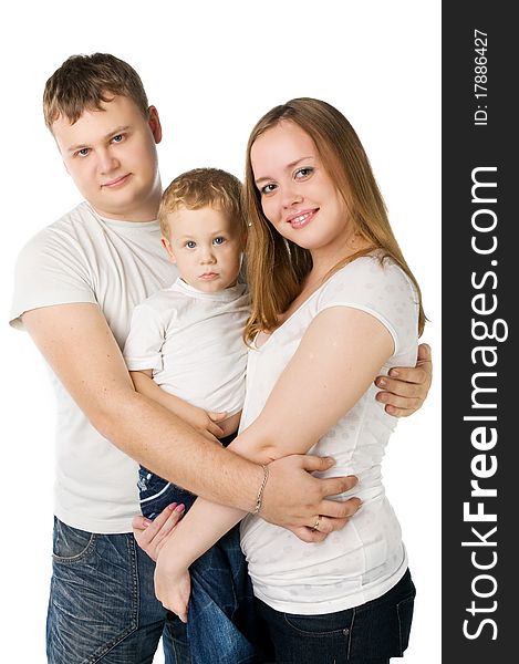 Family from three persons in white T-shirts with the child on hands, isolated on white. Family from three persons in white T-shirts with the child on hands, isolated on white