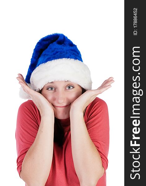 Funny girl fooling around in a Santa Claus hat