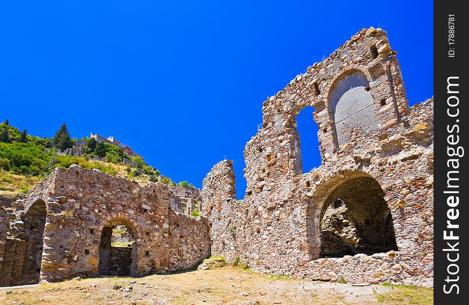 Ruins of old town in Mystras, Greece - archaeology background