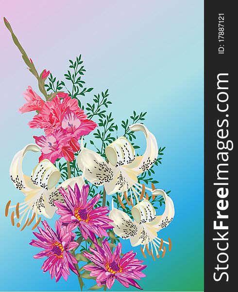 Illustration with lotus bouquet on blue background. Illustration with lotus bouquet on blue background