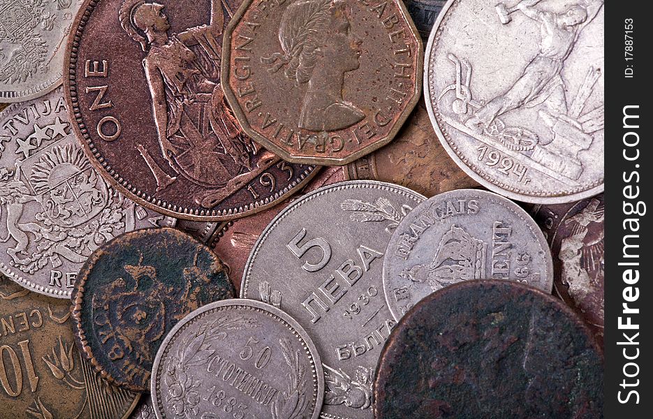 Copper and silver old coins background