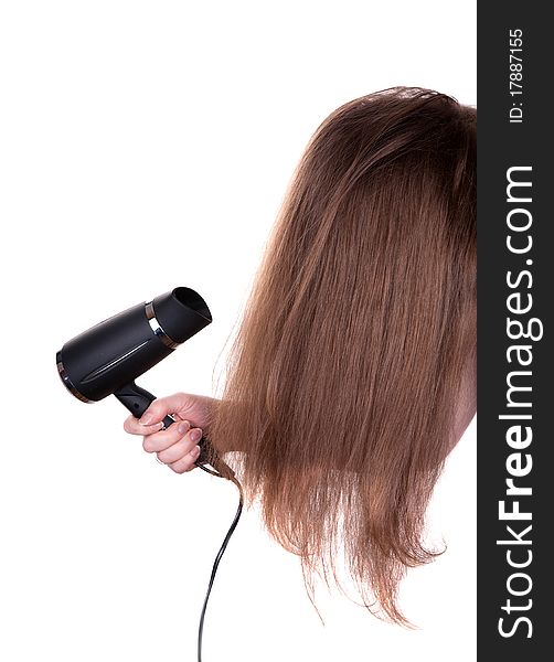 Woman hair and dryer isolated on white background. Woman hair and dryer isolated on white background
