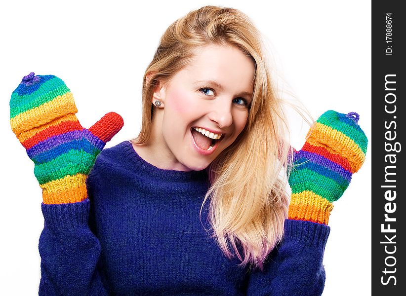 Happy beauty woman in a colorful gloves (isolated)