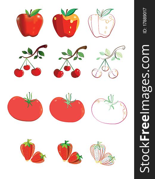 Four red juicy fruit.Illustration.Vector. Four red juicy fruit.Illustration.Vector.