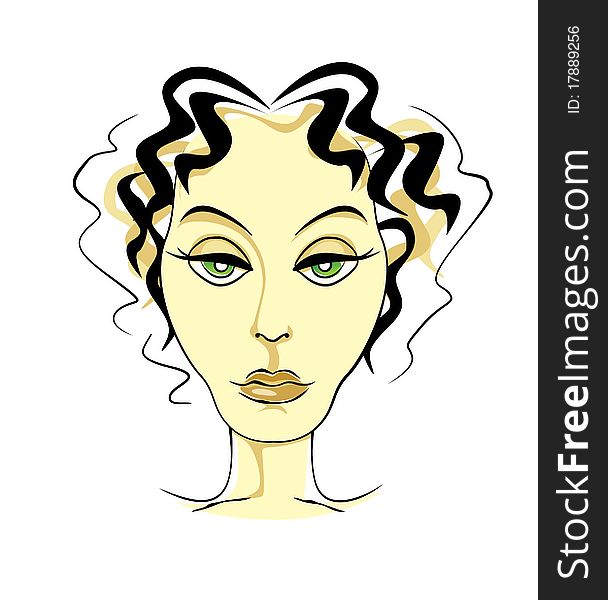 Mature woman face front ink illustration