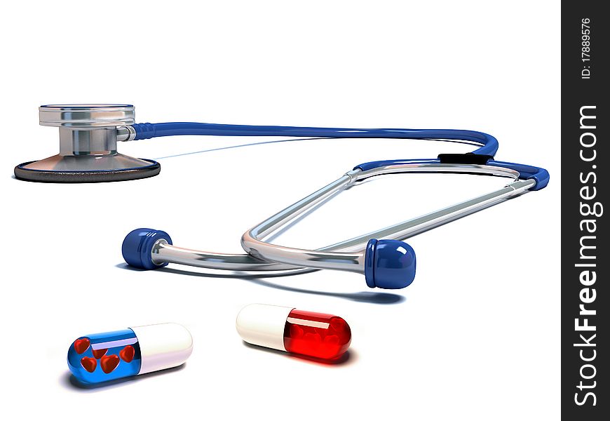 Stethoscope with red and blue pills isolated. 3d render