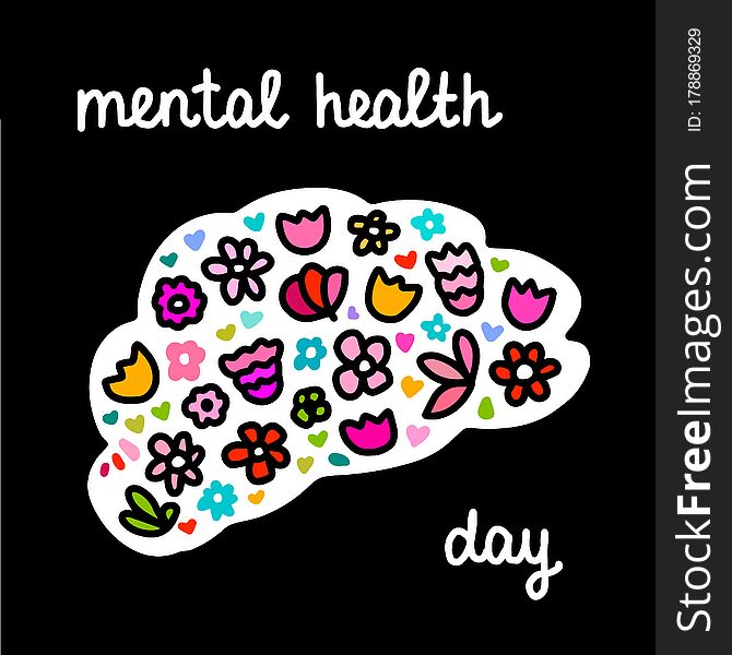 Mental Health Hand Drawn Vector Illustration Logotype Neurology Disease Awareness Day Flowers Blooming Inside Brain Black
