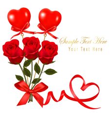 Valentine`s Day Card. Red Roses And Gift Red Bow. Royalty Free Stock Photos