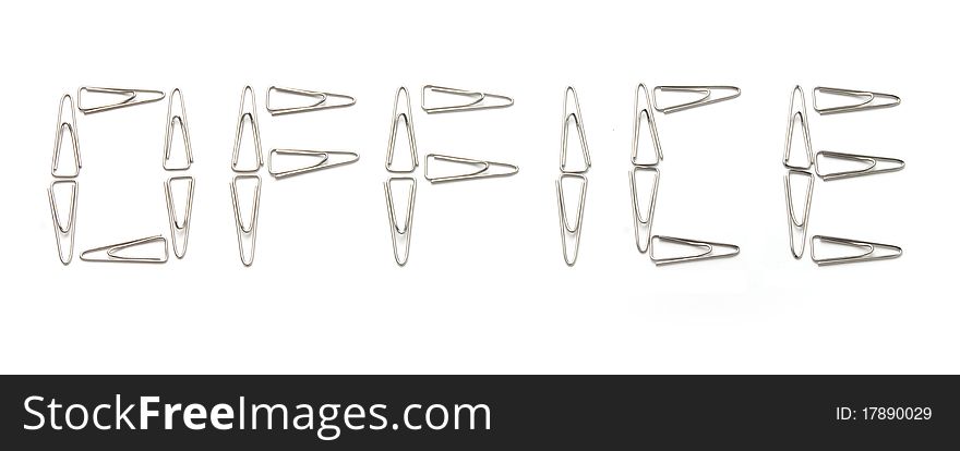 Paper clips isolated on white fone. Office word