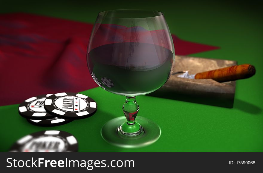 Wine, cigar and poker chips on green table. Wine, cigar and poker chips on green table