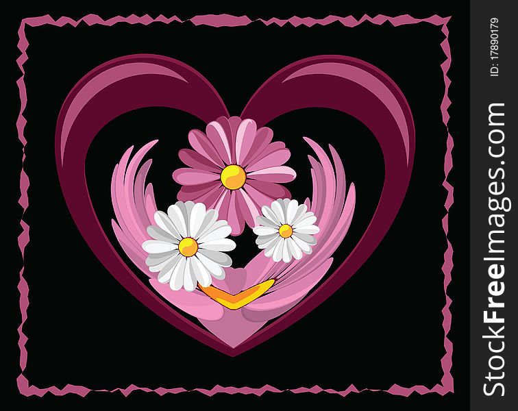 Illustration of decorative heart with the daisies against the black background