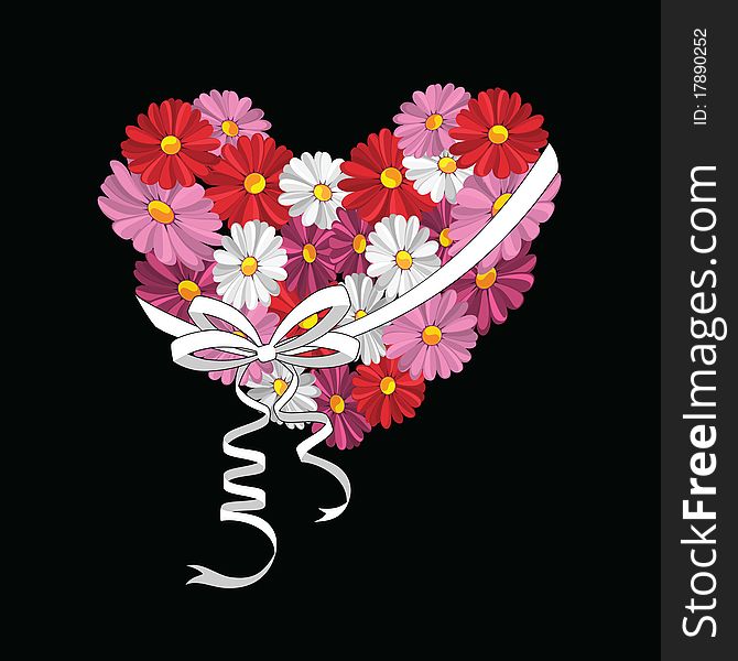Illustration of decorative heart with the daisies against the black background. Illustration of decorative heart with the daisies against the black background