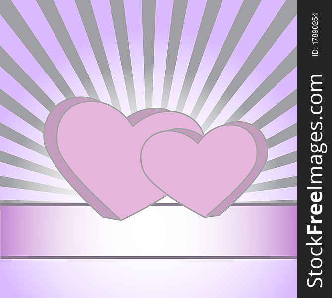 Pink hearts on a purple background with rays