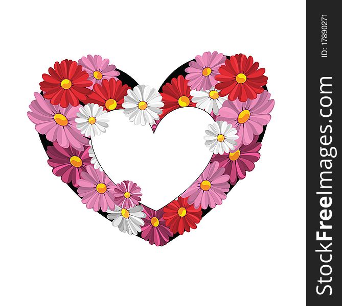 Illustration of decorative heart with the daisies against the white background. Illustration of decorative heart with the daisies against the white background