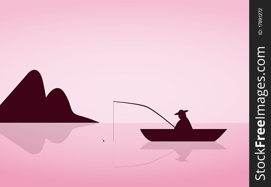 Lonely angler are fishing on a beautiful pink morning