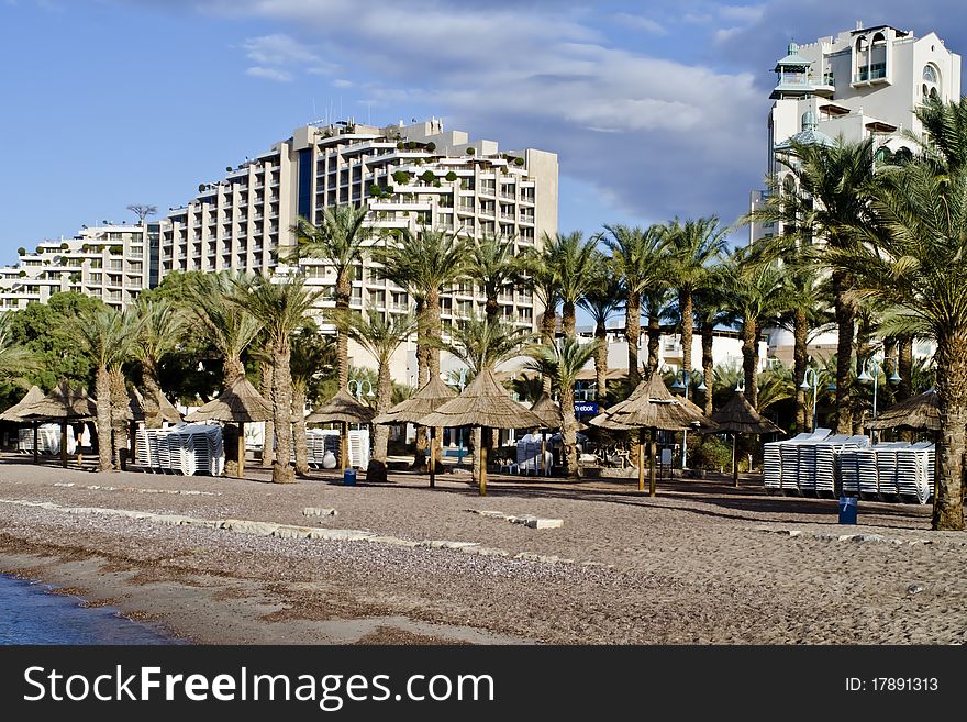 The shot was taken from the northern beach of Eilat city - famous resort and recreation city in Israel. The shot was taken from the northern beach of Eilat city - famous resort and recreation city in Israel