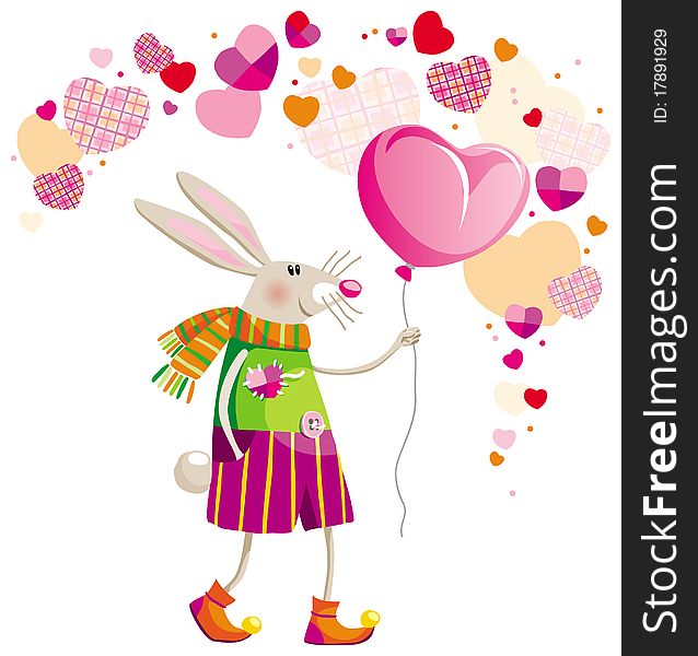 Hare with the balloon in his hand on Valentine's Day. Hare with the balloon in his hand on Valentine's Day