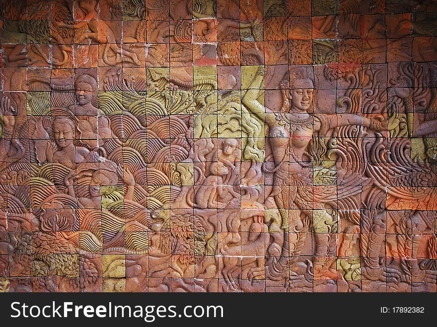 Traditional Thai baked clay art on the wall