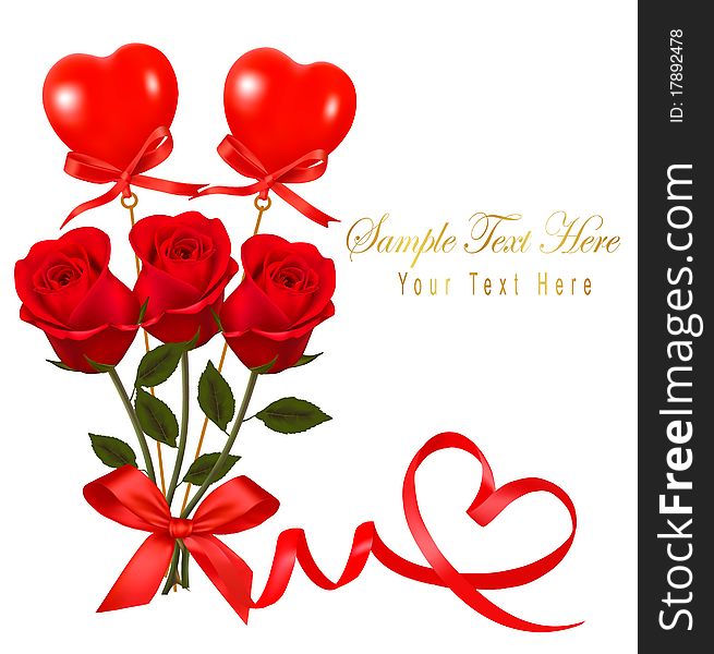 Valentine`s Day Card. Red Roses And Gift Red Bow.