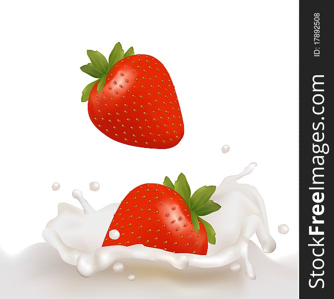 Red strawberry fruits falling into the milky splash. Vector illustration