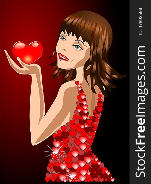Illustration of a woman with a red heart woman,. Illustration of a woman with a red heart woman,