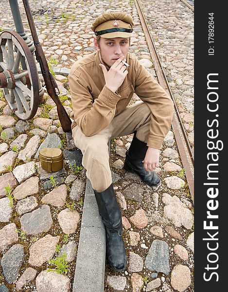 Retro Style Picture With Smoking Soldier.