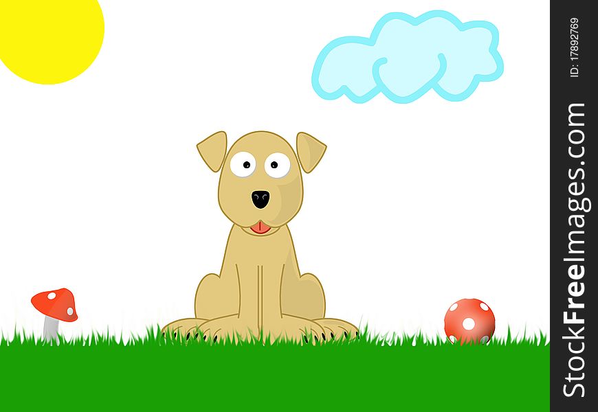 A puppy sitting in the grass. Illustration.