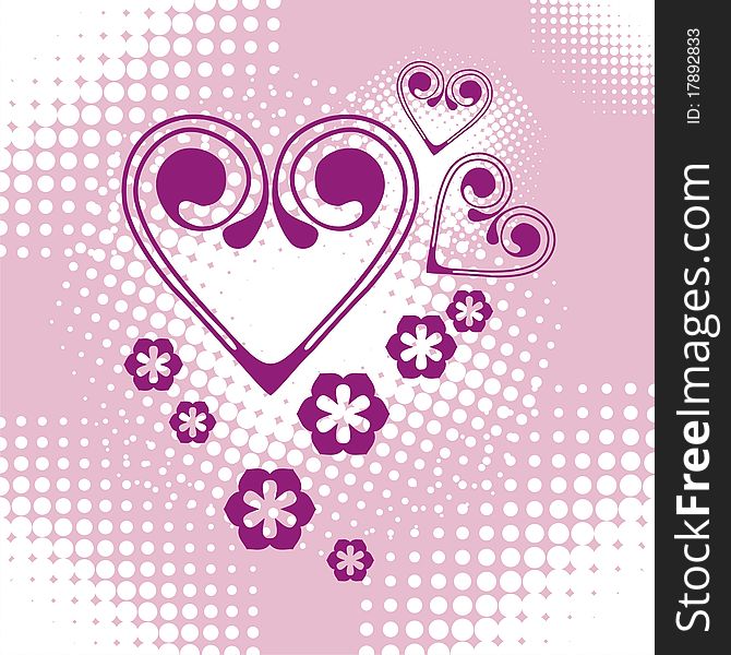 Postcard with violet hearts on pink background. Vector illustration. Postcard with violet hearts on pink background. Vector illustration