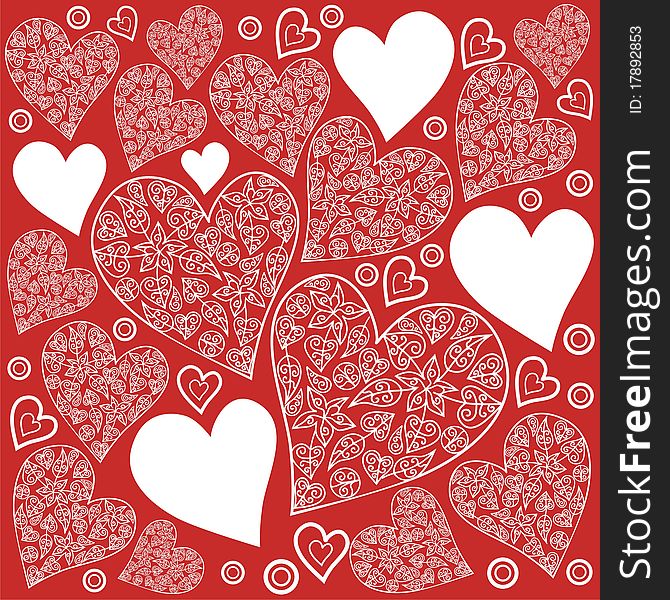 Texture of white hearts on red background. Vector illustration. Texture of white hearts on red background. Vector illustration