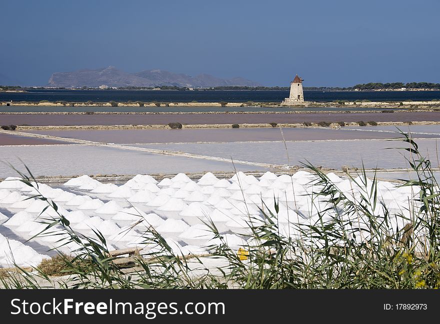 View on a salt extraction in Trapani on Sicily. View on a salt extraction in Trapani on Sicily