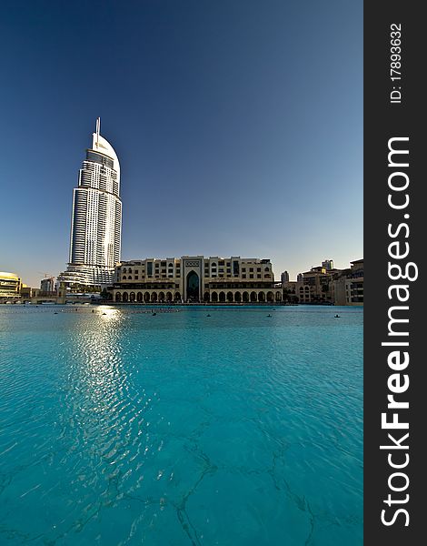 Dubai downtown. water fountain area and address hotel captured together. Dubai downtown. water fountain area and address hotel captured together.