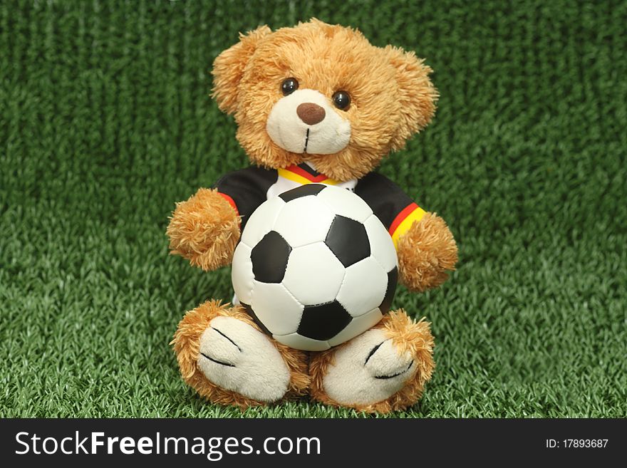 Teddy bear with football shirt on lawn background. Teddy bear with football shirt on lawn background