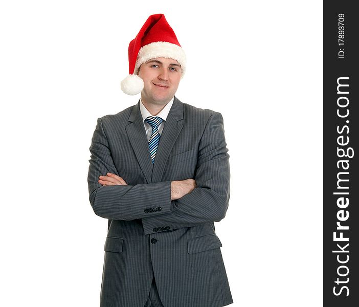 Businessman in the Santa hat on a white background
