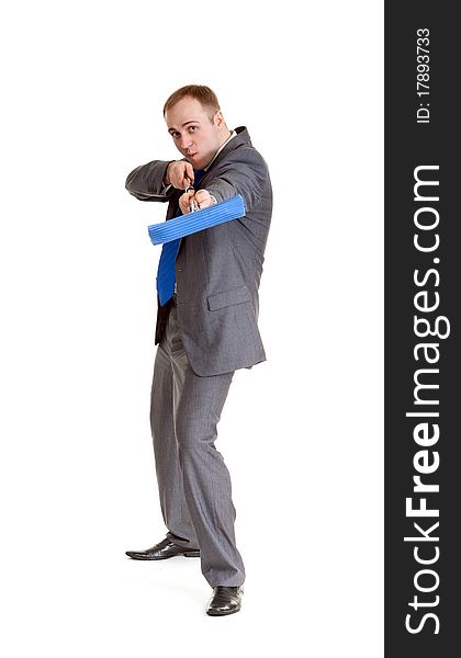 Businessman in a gray suit with a blue mop. Businessman in a gray suit with a blue mop