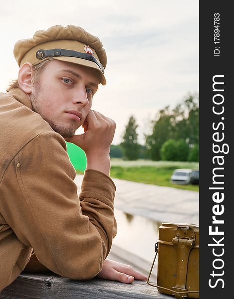 Portrait of soldier in uniform of World War 1 Costume accord the times of World War I. Photo made at cinema city Cinevilla in Latvia. Cockade on the hat do not contain trade mark. Portrait of soldier in uniform of World War 1 Costume accord the times of World War I. Photo made at cinema city Cinevilla in Latvia. Cockade on the hat do not contain trade mark.