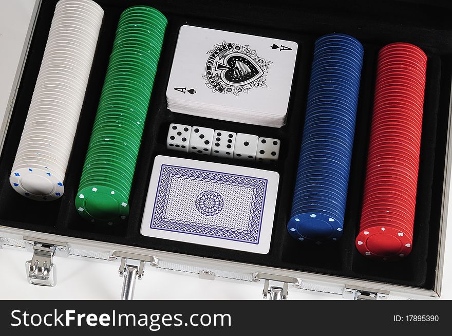 Poker objects in a metallic briefe case. Poker objects in a metallic briefe case.