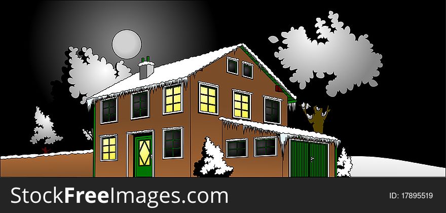House with garden in the winter night