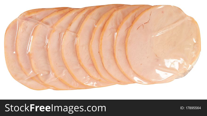 Slices of fresh ham in a vacuumed plastic bag. Slices of fresh ham in a vacuumed plastic bag.