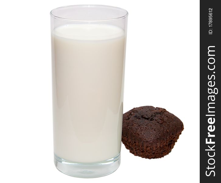 Glass of milk with brown sweet cake