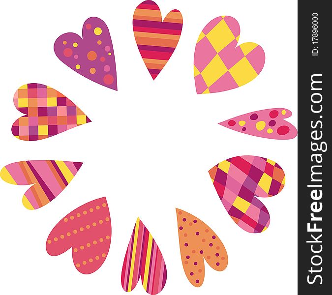 Colored hearts in a striped, checkered, polka-dot