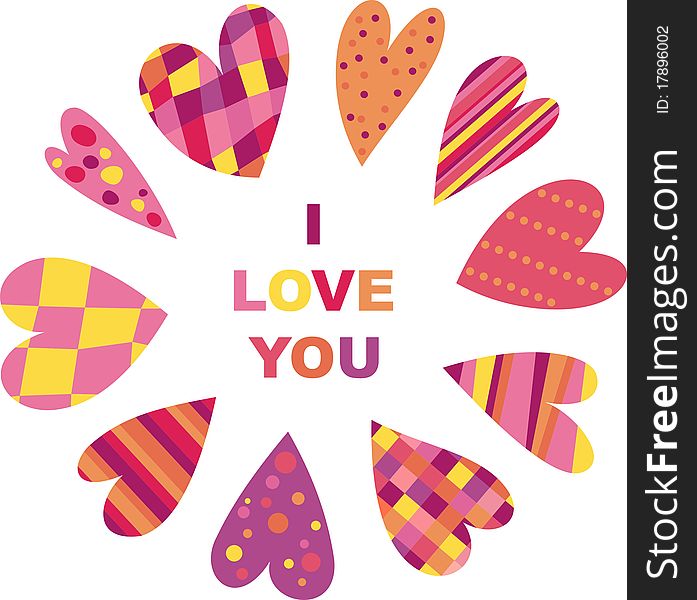 Colored hearts in a striped, checkered, polka-dot